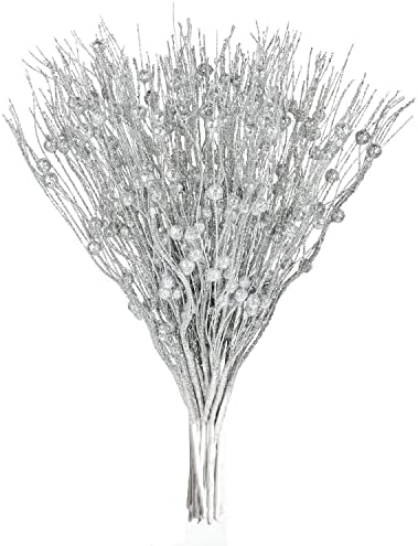 Lvydec 22pcs Christmas Glitter Berries Stems Silver