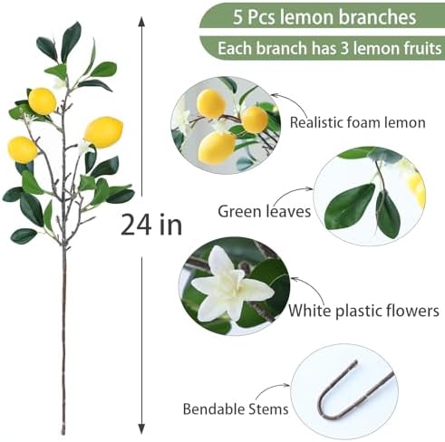 Mizii 5pcs 24 Inch Artificial Lemon Branches with 15 Realistic Fruits