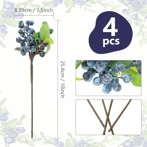4PCS Artificial Blueberry Branches for DIY Decorations and Bouquets