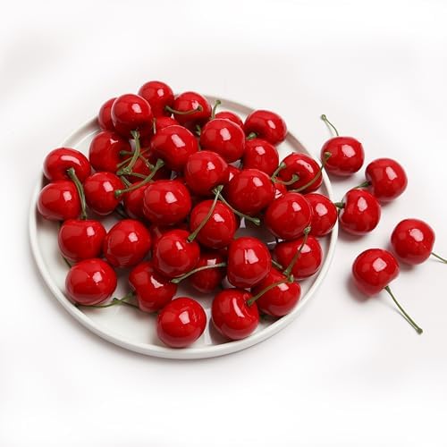 50PCS Realistic Artificial Red Cherries for Decorations