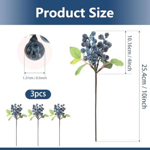 Artificial Blueberry Stems - 3 Pack for Centerpieces and Decor