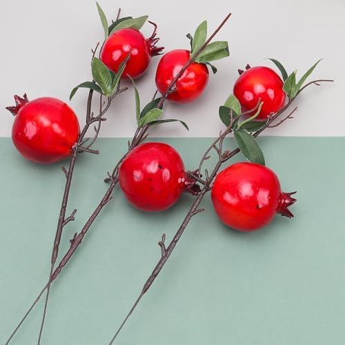 Quancru 3pcs Realistic Artificial Pomegranate Branches Decoration