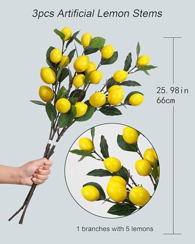 DuHouse 3 Pcs Artificial Lemon Branches with Stems
