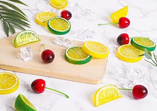 Tevrel 70Pcs Artificial Lifelike Cherries Lemon Slices and Wedges Decor