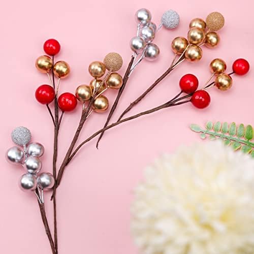 10pcs Glitter Fake Gold Berries Christmas Decorations