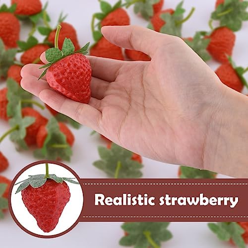 50-Piece Realistic Fake Strawberries with Stems and Leaves