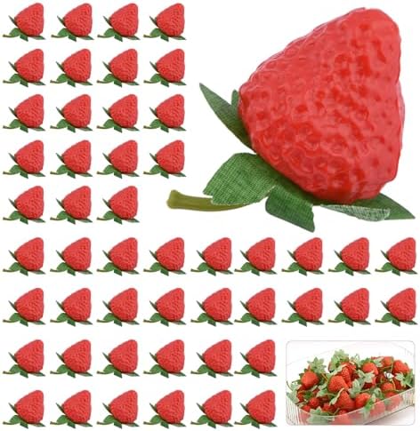 50-Piece Realistic Fake Strawberries with Stems and Leaves