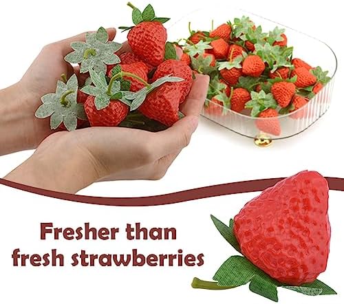 50-Piece Realistic Fake Strawberries with Stems and Leaves