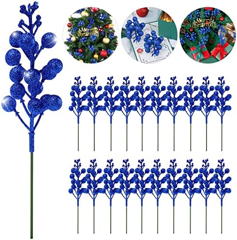 20 Pack 78 Inch Royal Blue Christmas Glitter Berries Stems