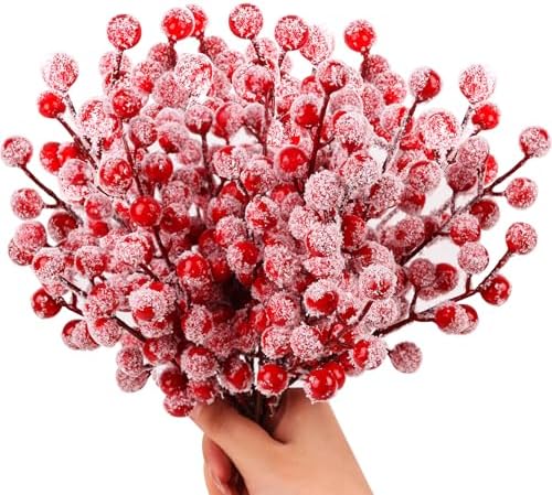 FOIMAS Artificial Snowy Red Berry Stems 24 Pack