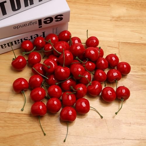 50PCS Realistic Artificial Red Cherries for Decorations