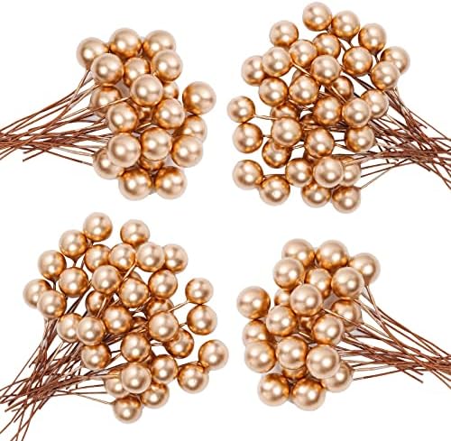 Lystaii 200pcs Gold Artificial Holly Berries with Wire Stems