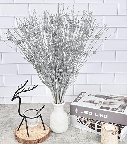 Lvydec 22pcs Christmas Glitter Berries Stems Silver