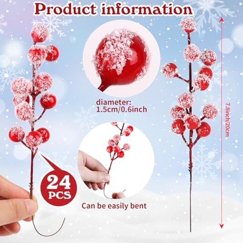 FOIMAS Artificial Snowy Red Berry Stems 24 Pack