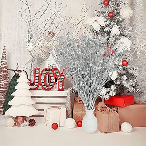 Lvydec 22pcs Christmas Glitter Berries Stems Silver