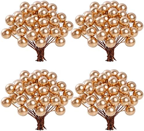 Lystaii 200pcs Gold Artificial Holly Berries with Wire Stems