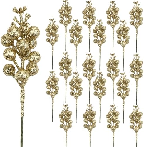 DIYASY Champagne Glitter Berry Stems 20Pcs Artificial Christmas Decor