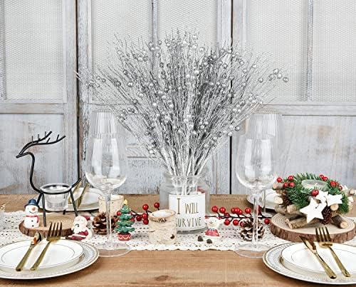 Lvydec 22pcs Christmas Glitter Berries Stems Silver