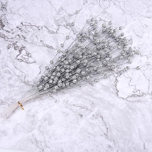 50Pcs Glitter Berry Stem Ornaments 157in Silver Christmas Decor
