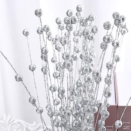 50Pcs Glitter Berry Stem Ornaments 157in Silver Christmas Decor