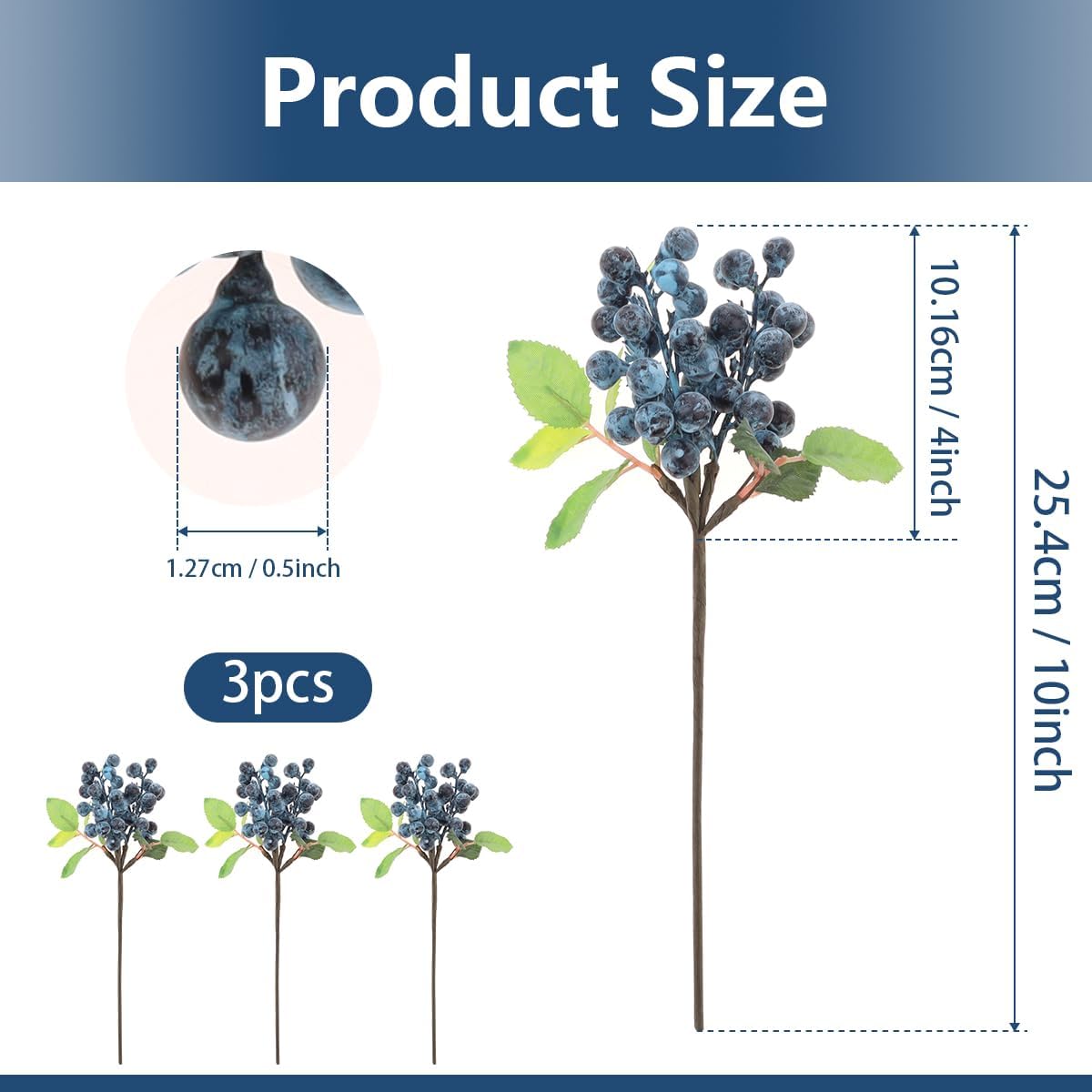 Artificial Blueberry Stems - 3 Pack for Centerpieces and Decor