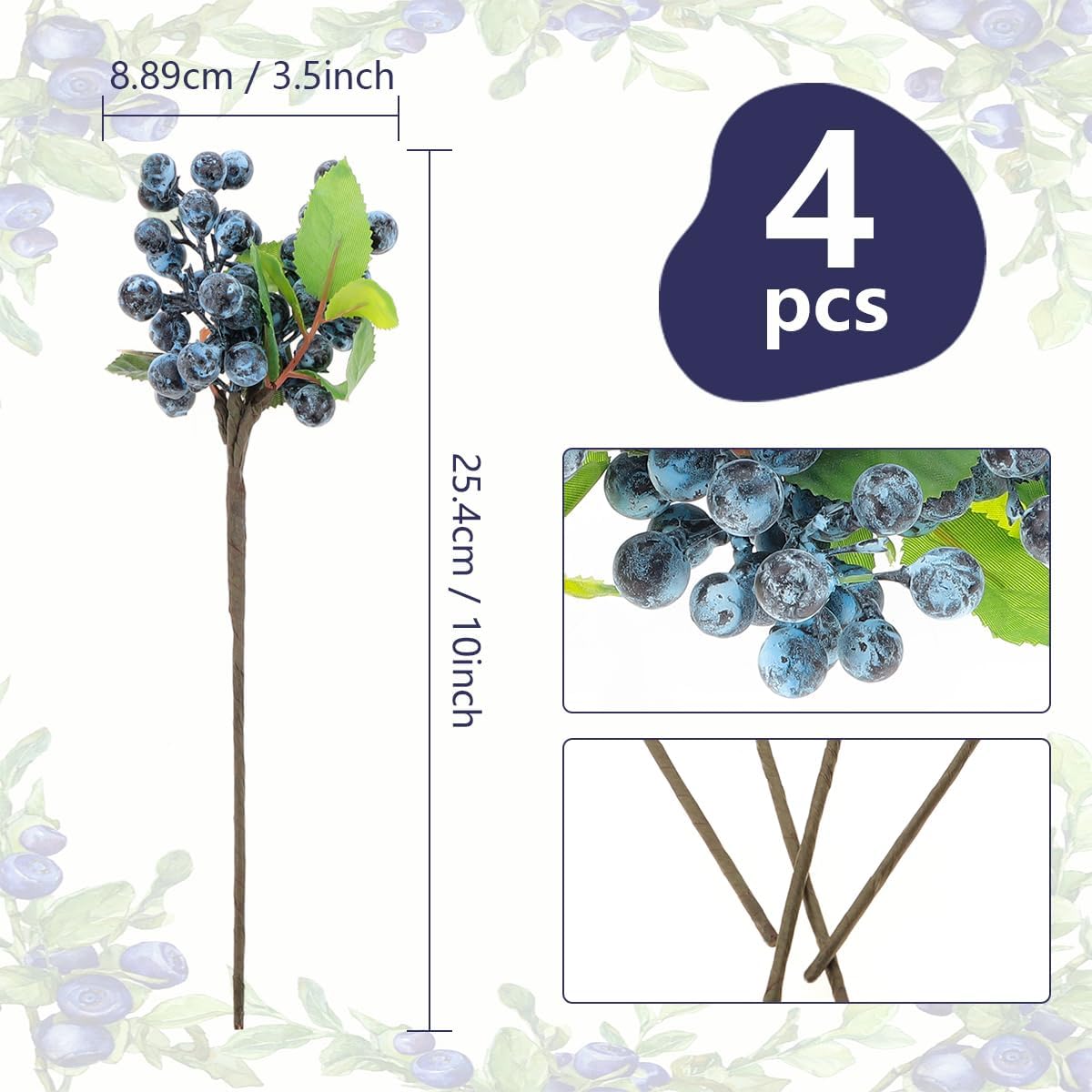 4PCS Artificial Blueberry Branches for DIY Decorations and Bouquets