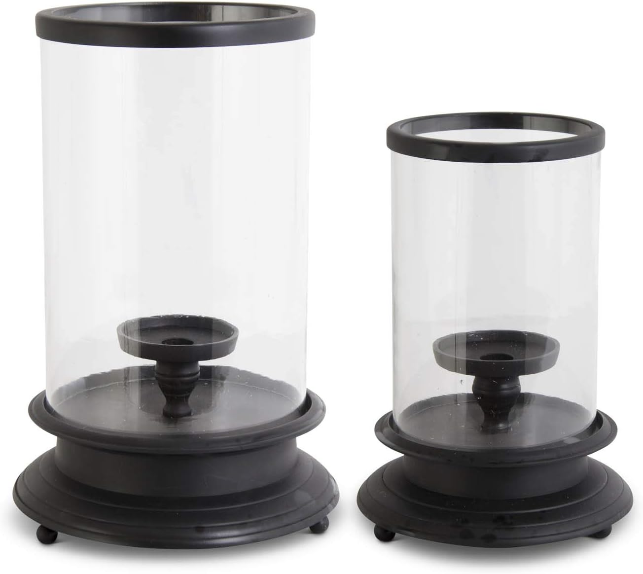 KK Interiors 16571A Set of 2 Glass Hurricanes with Black Metal Bases