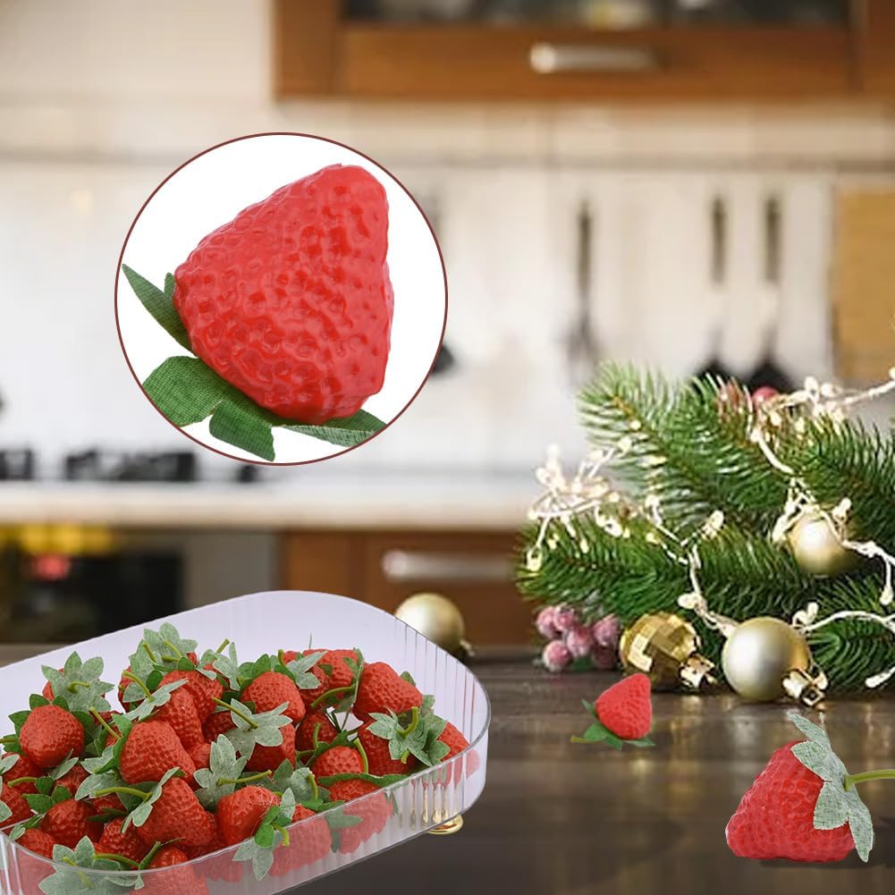50-Piece Realistic Fake Strawberries with Stems and Leaves