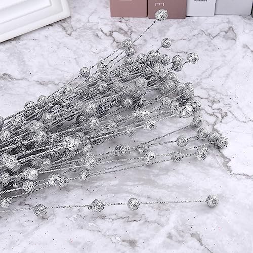 50Pcs Glitter Berry Stem Ornaments 157in Silver Christmas Decor