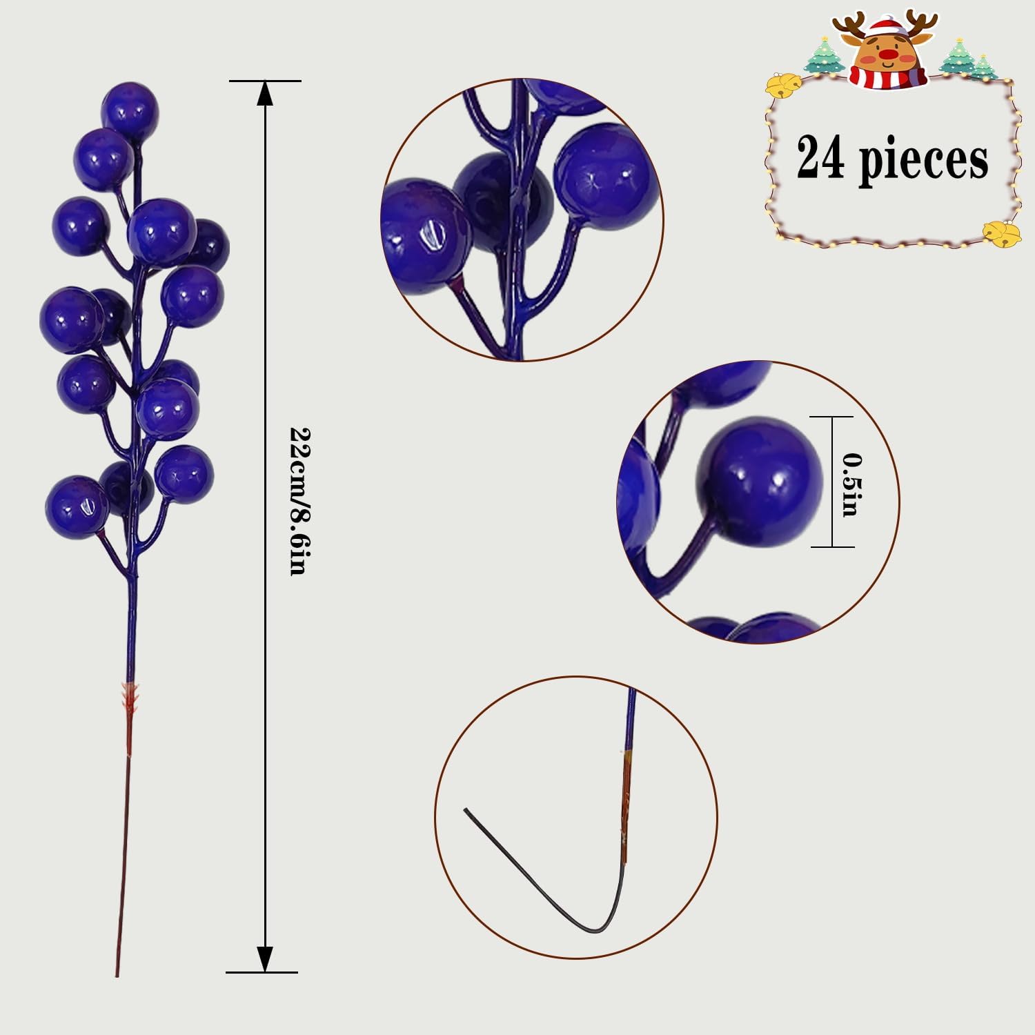 Artificial Purple Blue Berries Stems 24pcs Christmas Decor