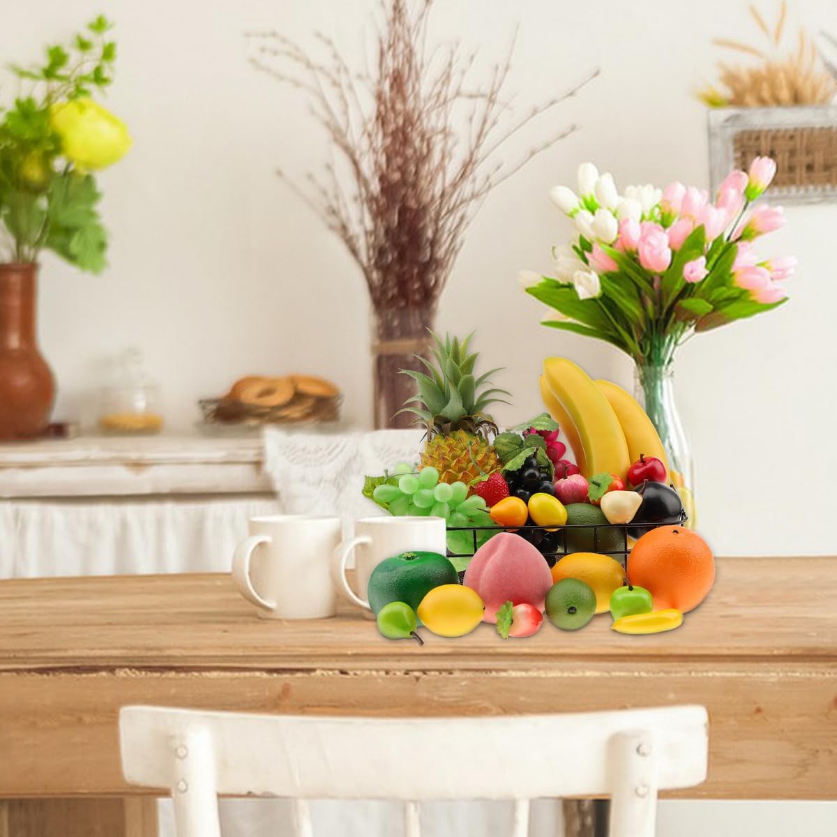 Woration Black Fruit Basket with 25 Artificial Fruits Set
