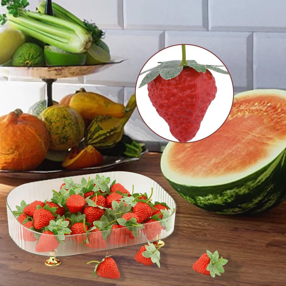 50-Piece Realistic Fake Strawberries with Stems and Leaves