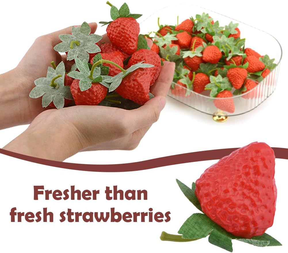 50-Piece Realistic Fake Strawberries with Stems and Leaves