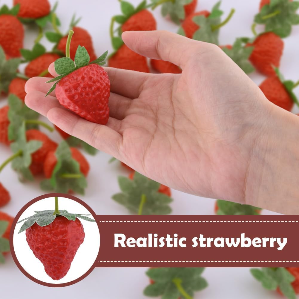 50-Piece Realistic Fake Strawberries with Stems and Leaves