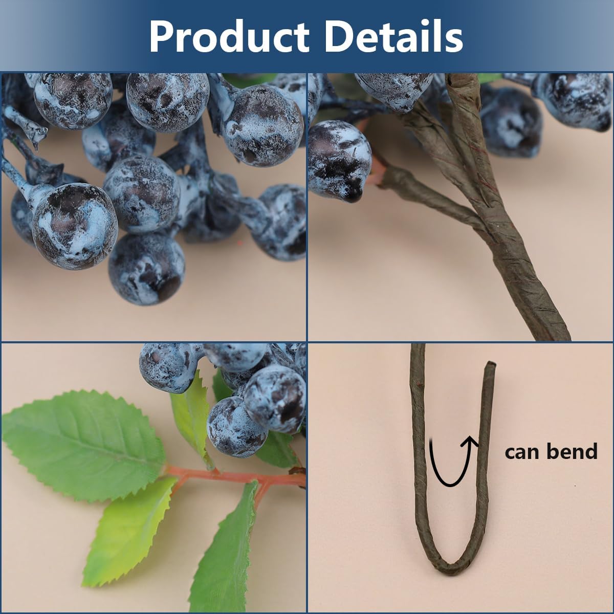 Artificial Blueberry Stems - 3 Pack for Centerpieces and Decor