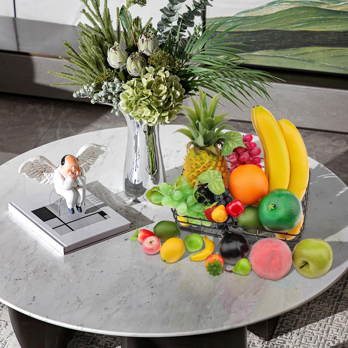 Woration Black Fruit Basket with 25 Artificial Fruits Set