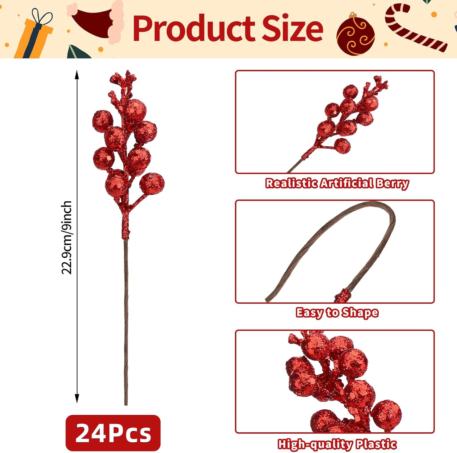 24 Pack 9 Inch Glitter Artificial Berry Stems