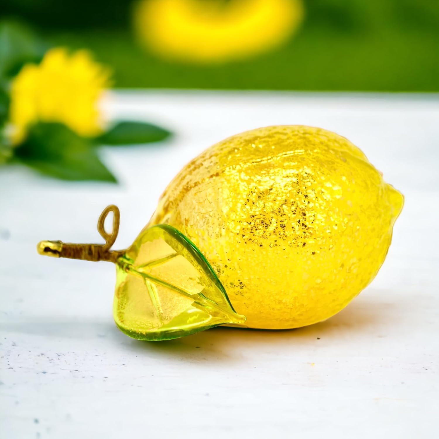 Hand Blown Yellow Lemon Murano Glass Ornament 3 x 2