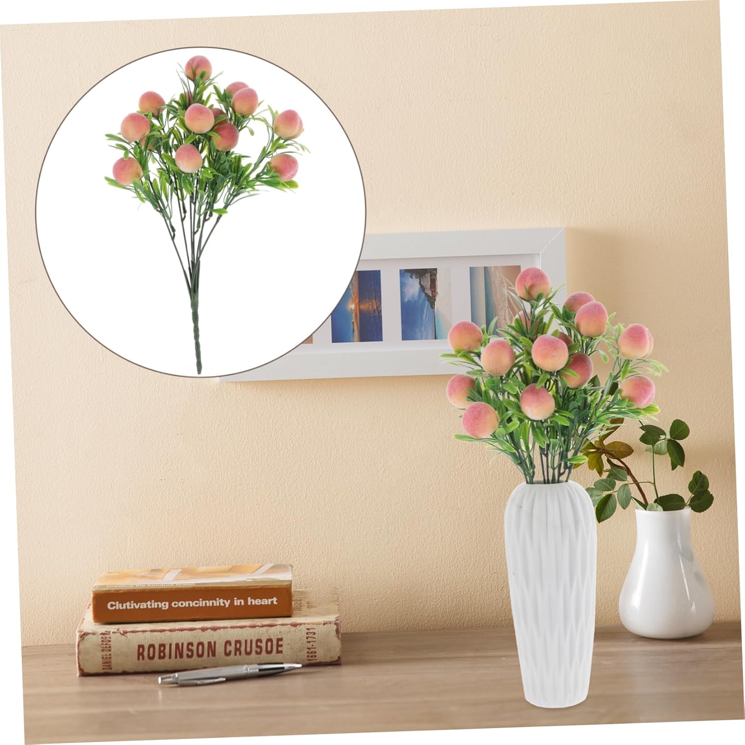 Artificial Peach Branches Vase Decor Set