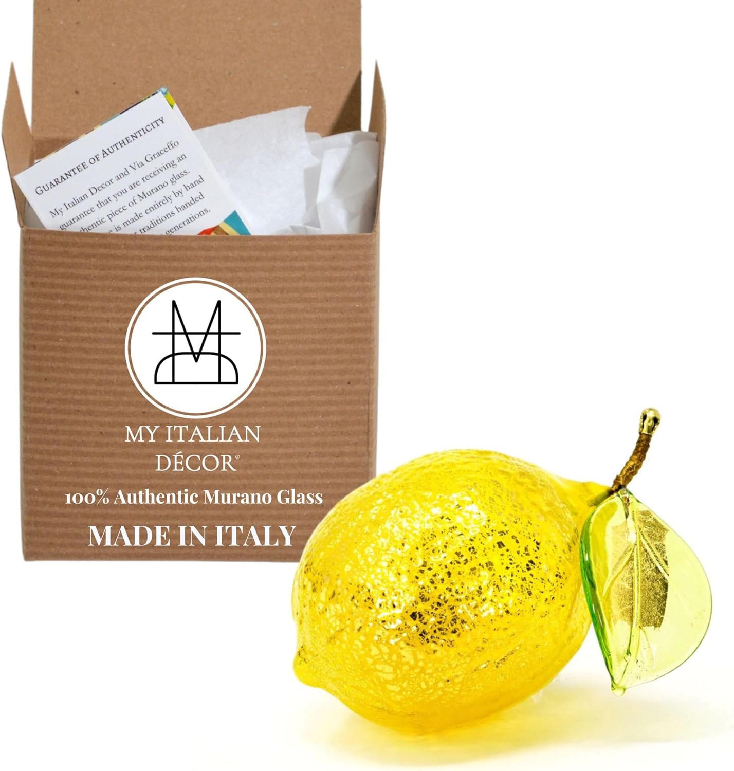 Hand Blown Yellow Lemon Murano Glass Ornament 3 x 2