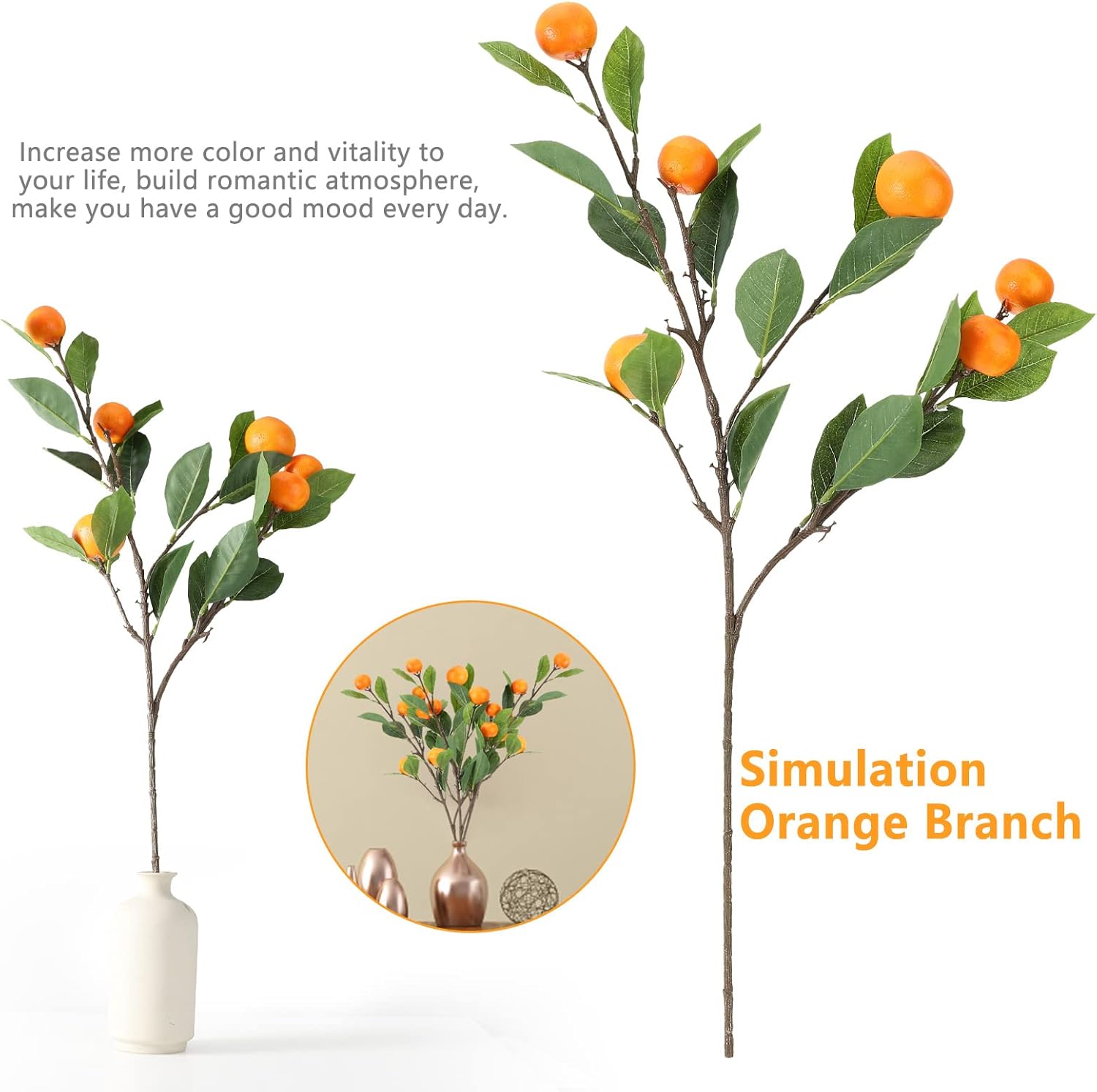 Lifelike Artificial Orange Branch with Green Leaves 65cm