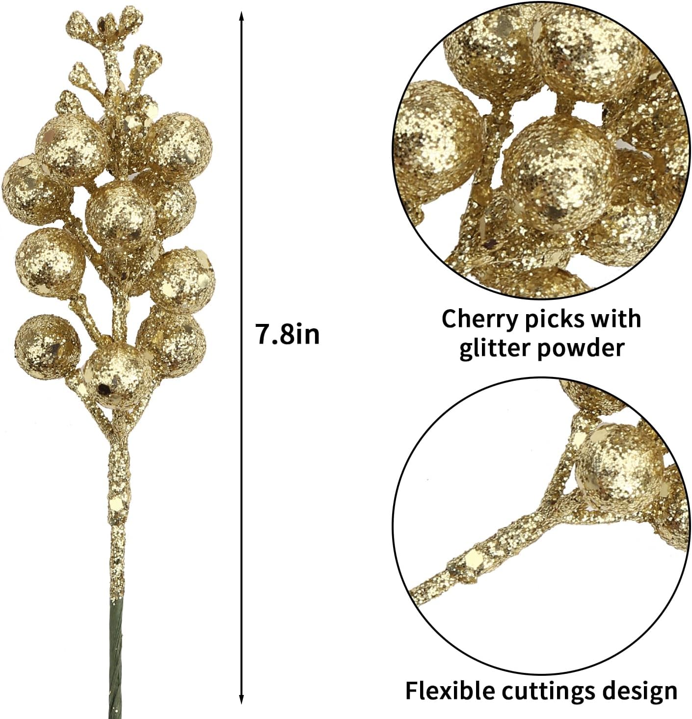 DIYASY Champagne Glitter Berry Stems 20Pcs Artificial Christmas Decor