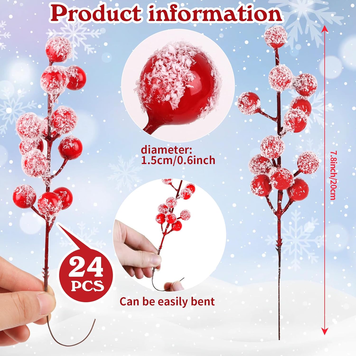 FOIMAS Artificial Snowy Red Berry Stems 24 Pack