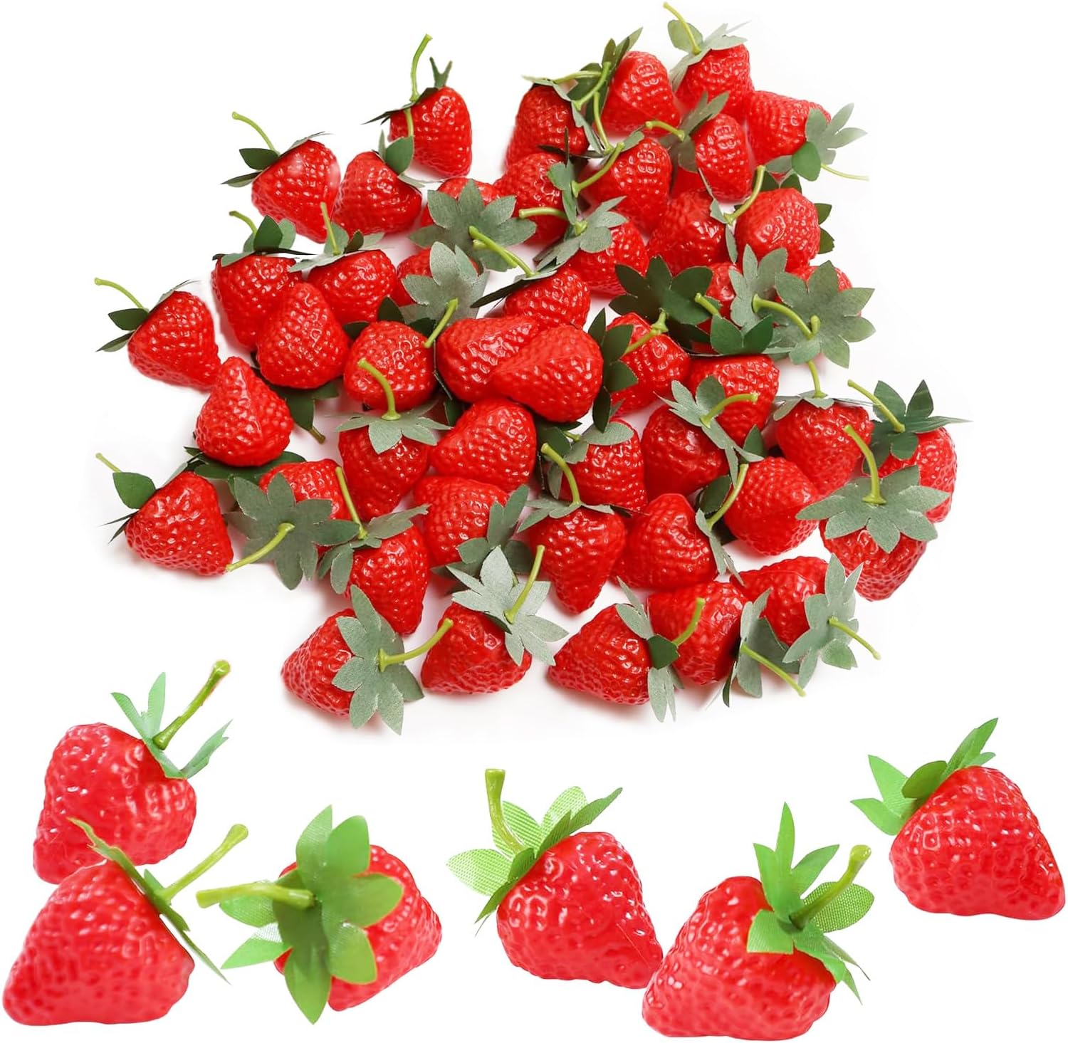 50PCS Lifelike Artificial Strawberries with Green Leaves