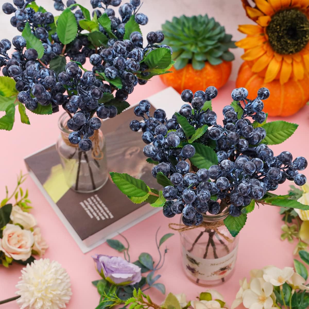 Artificial Blueberry Stems - 3 Pack for Centerpieces and Decor