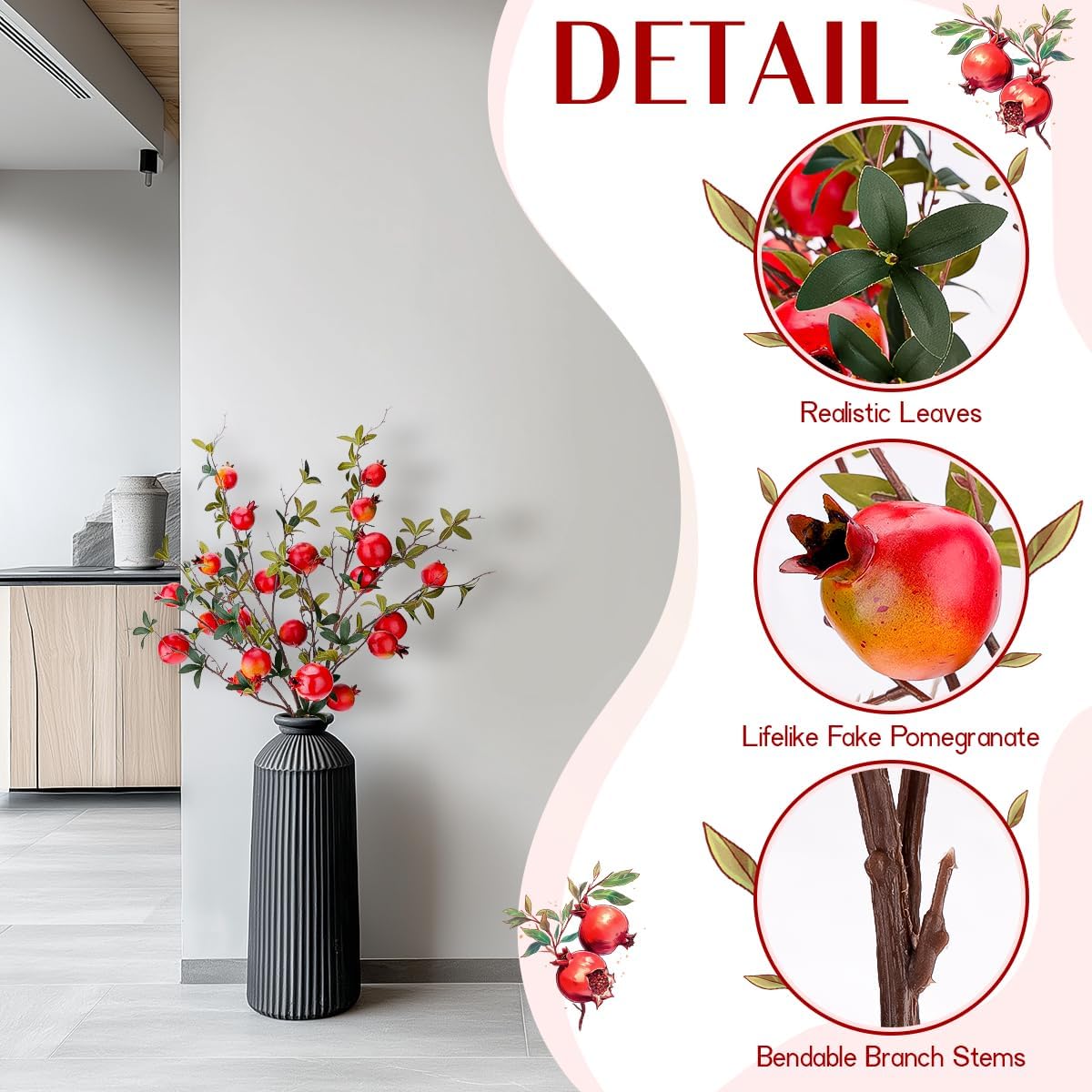 Gresorth Artificial Pomegranate Branches 3pcs Lifelike Decoration