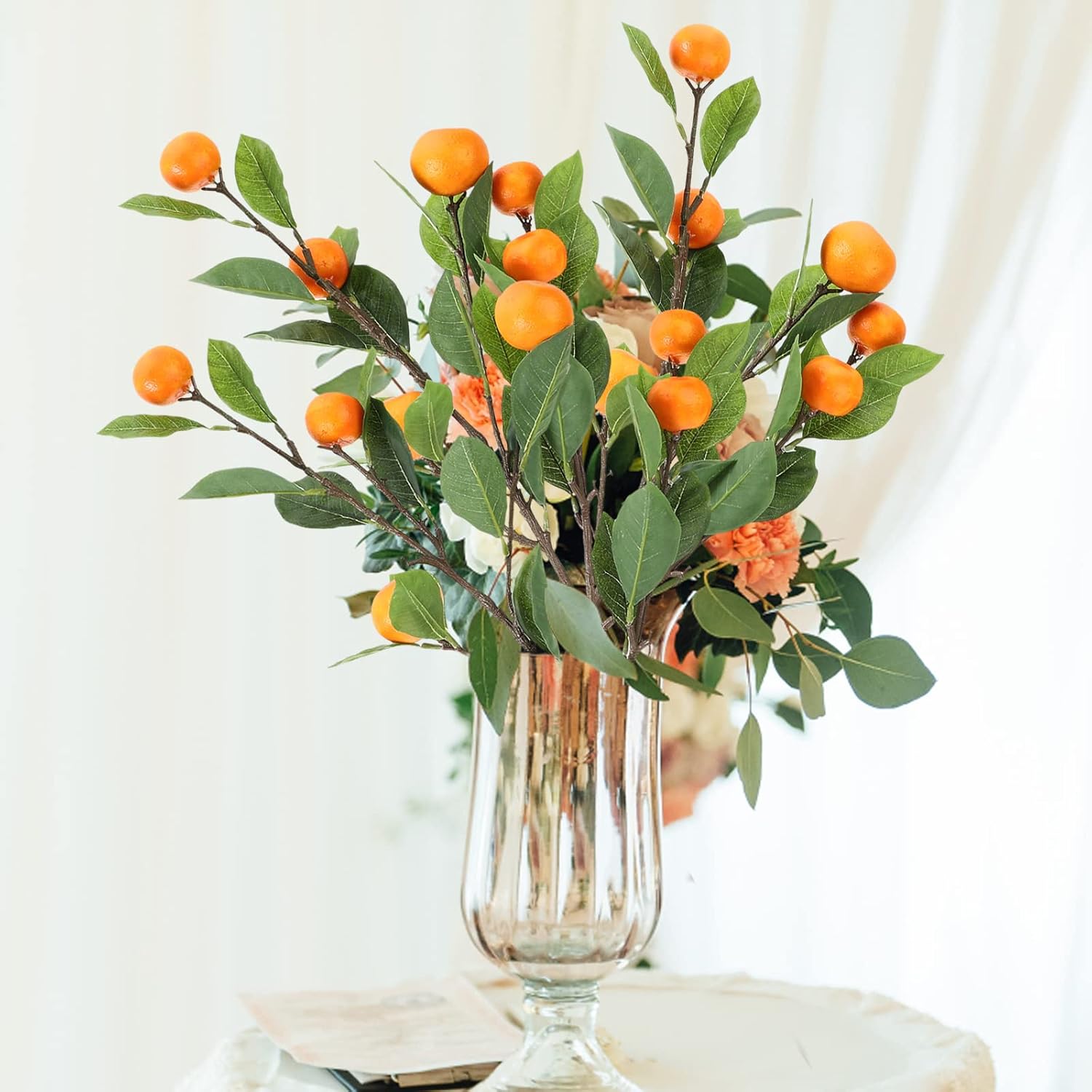 Lifelike Artificial Orange Branch with Green Leaves 65cm
