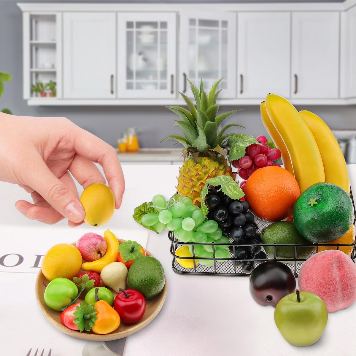 Woration Black Fruit Basket with 25 Artificial Fruits Set
