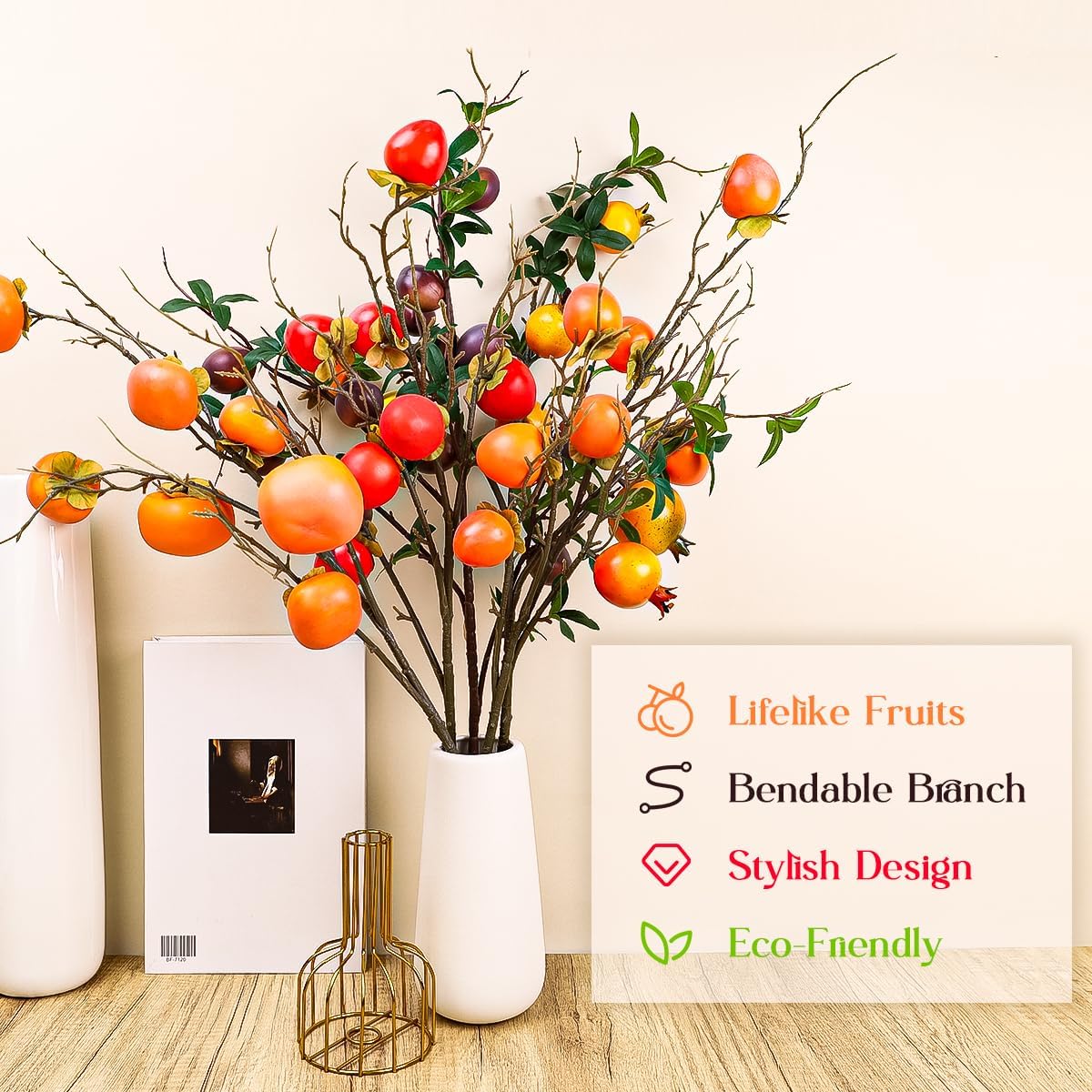 2pcs Artificial Persimmon Branches Realistic Farmhouse Decor