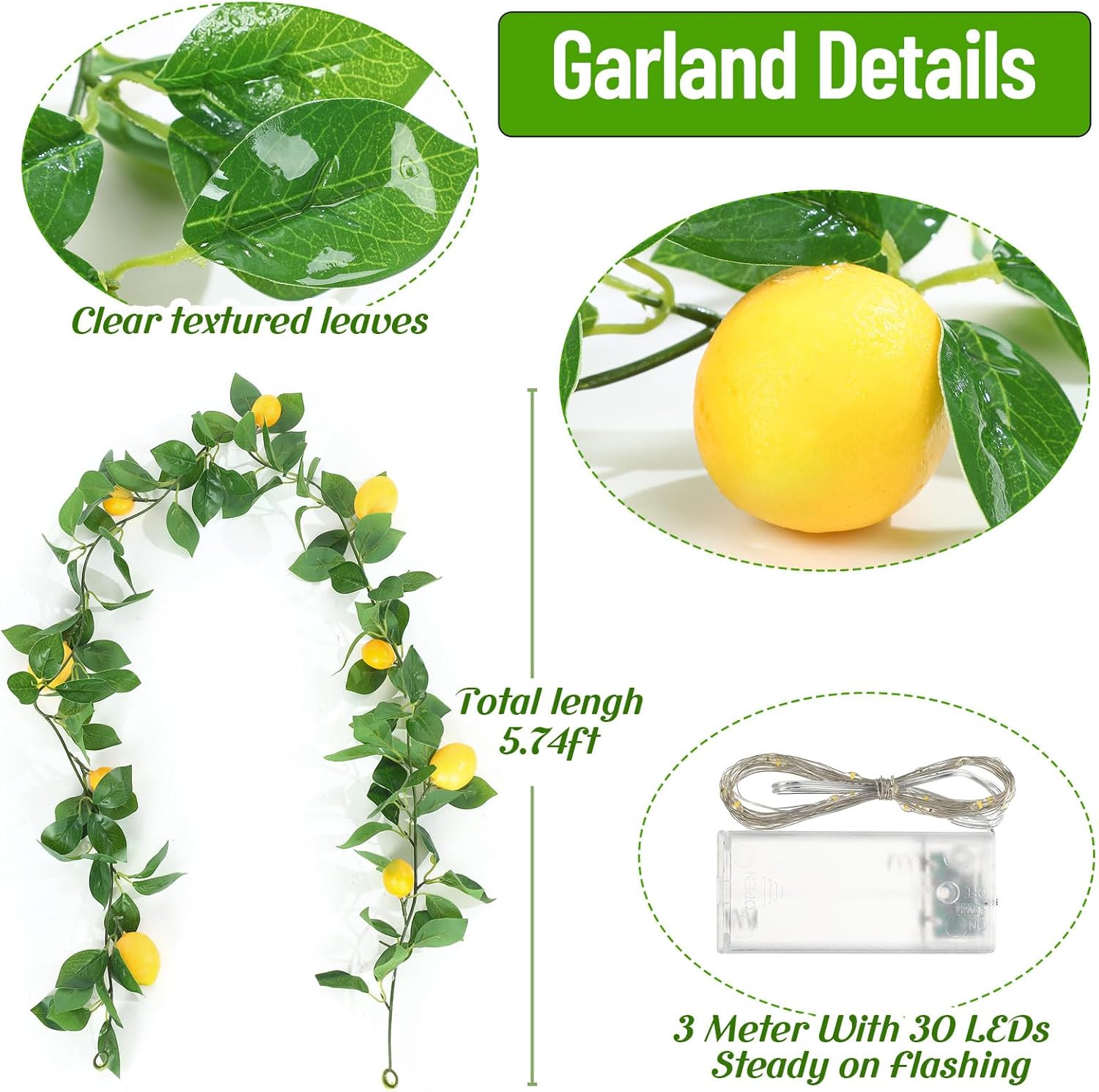 3 Pcs Artificial Lemon Garland with Battery Light
